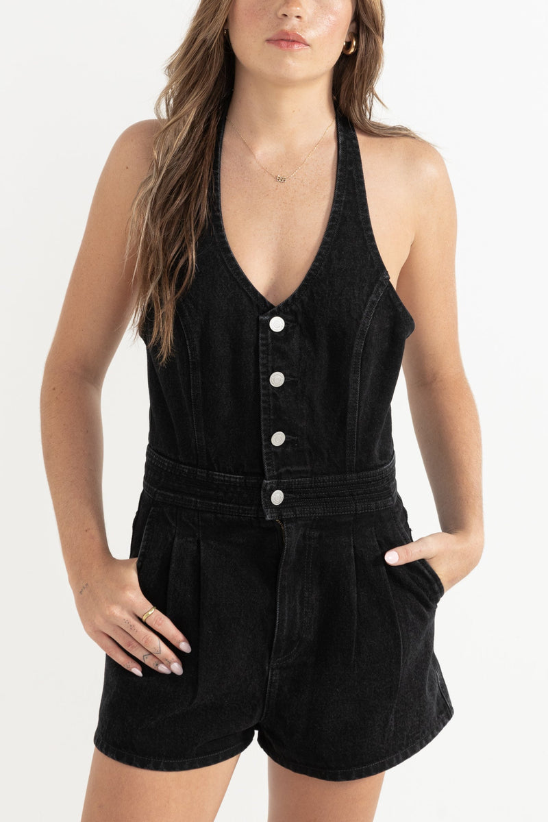 Cassy Halter Denim Romper Vintage Black