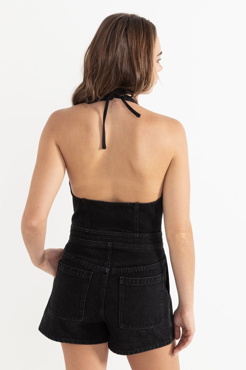 Cassy Halter Denim Romper Vintage Black