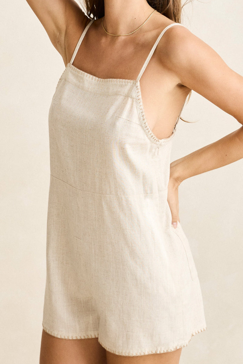 Linen Whip Stitch Playsuit Natural