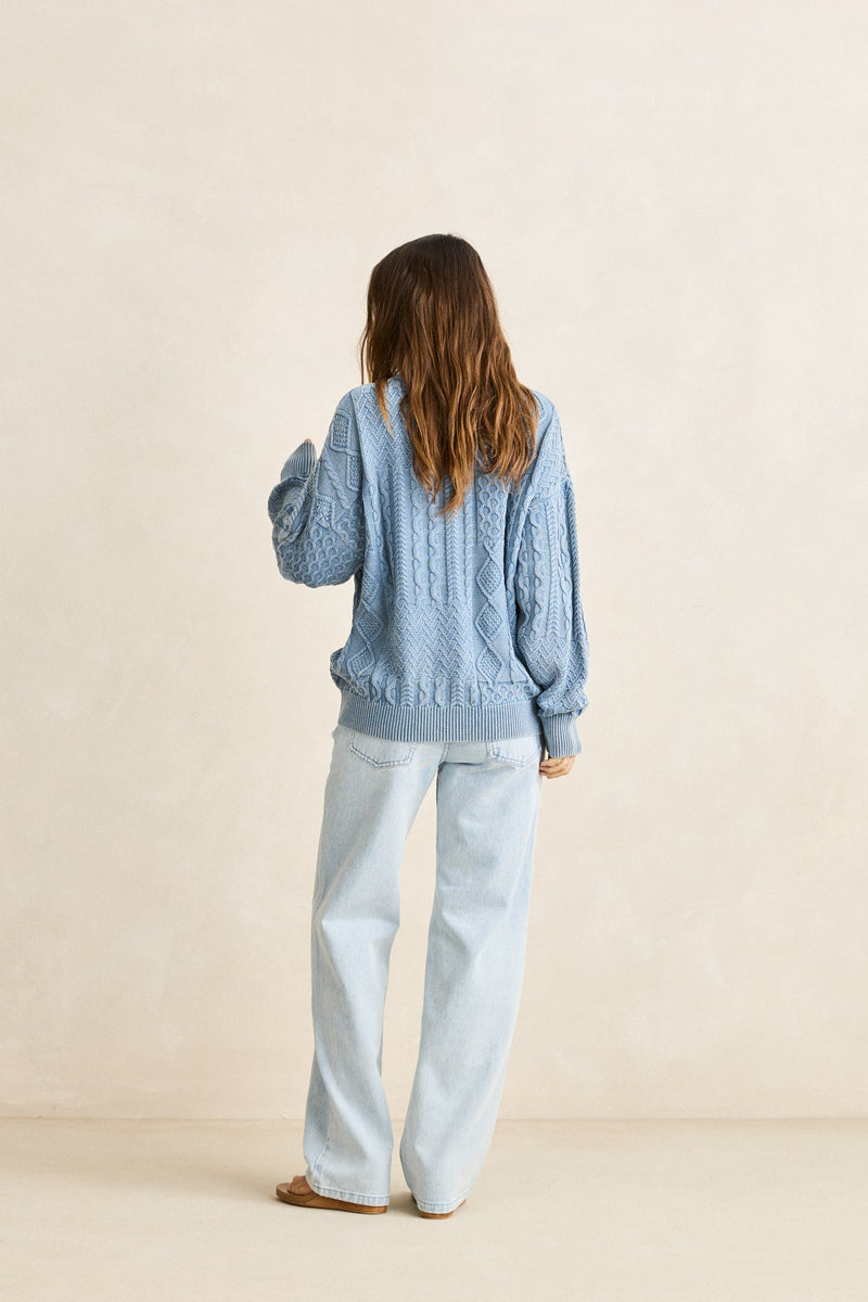 Patchwork Salt Wash Sweater Washed Blue