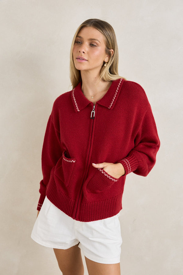 Frankie Dual Zip Cardigan Cherry