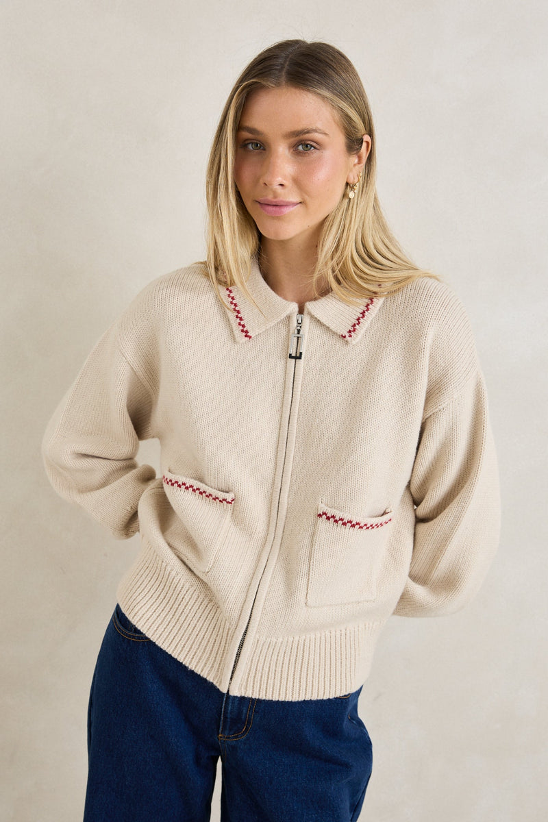 Frankie Dual Zip Cardigan Natural