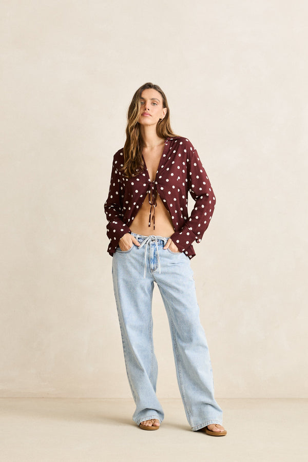 Polka Dot Tie Front Shirt  Cafe