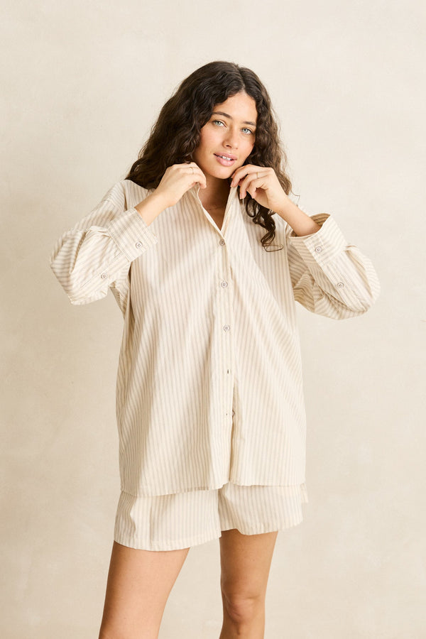 Cove Stripe Oversized Ls Beach Shirt Oat