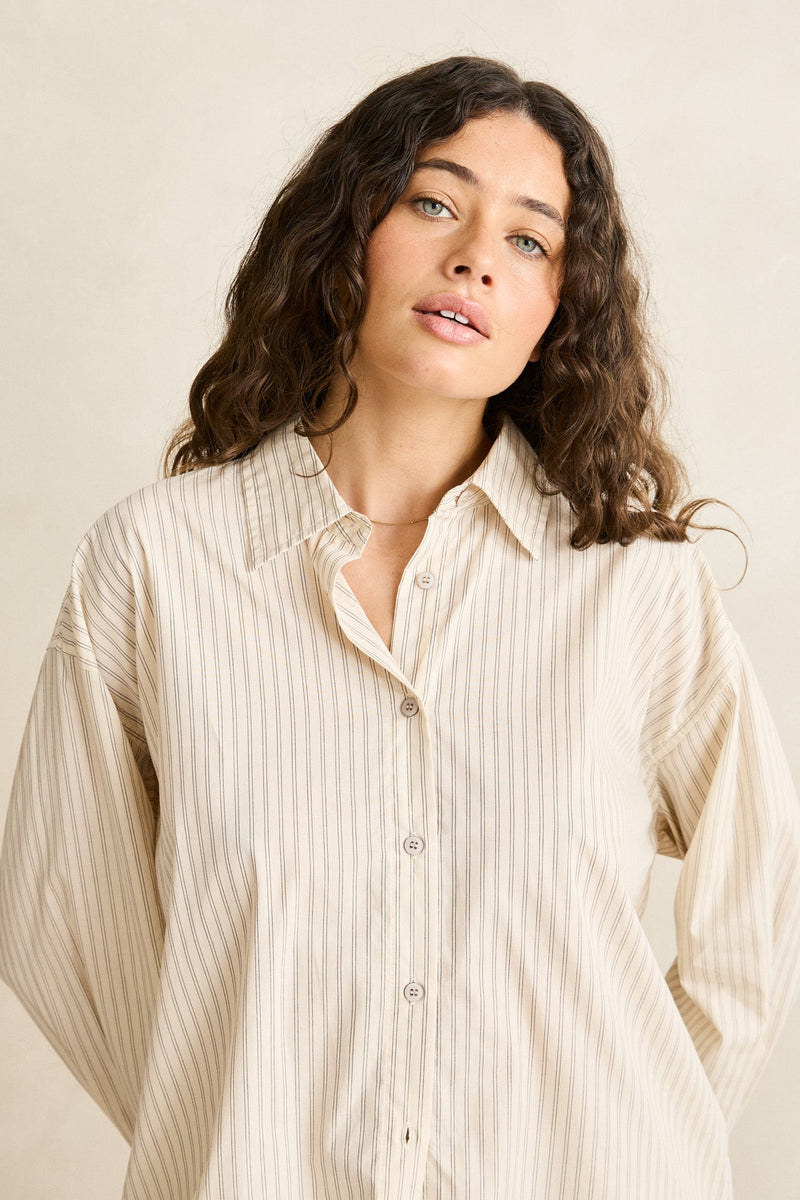 Cove Stripe Oversized Ls Beach Shirt Oat