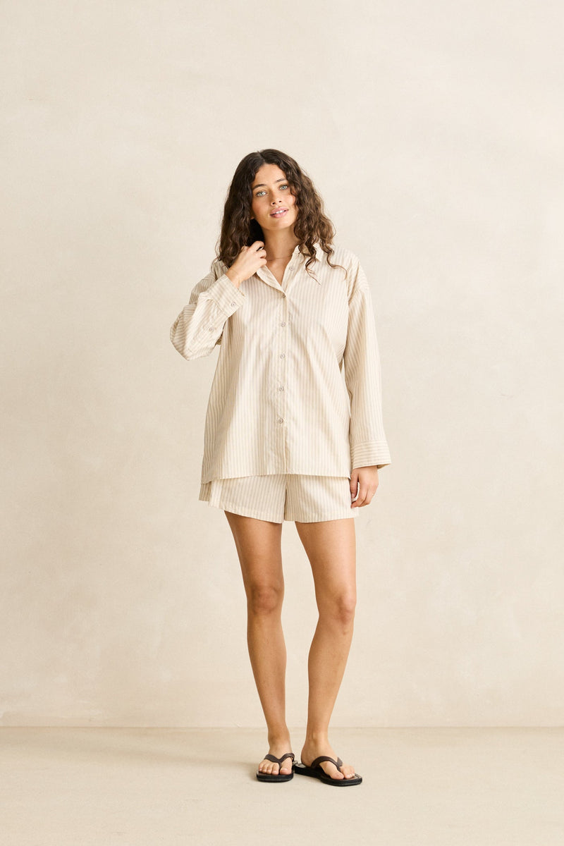 Cove Stripe Oversized Ls Beach Shirt Oat