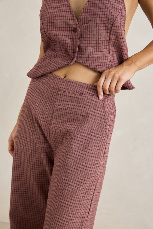 Lucy Check Wide Leg Pant Rust