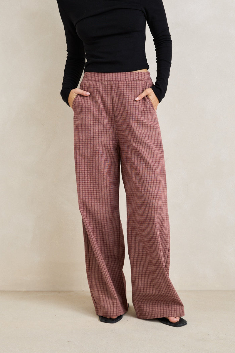 Lucy Check Wide Leg Pant Rust