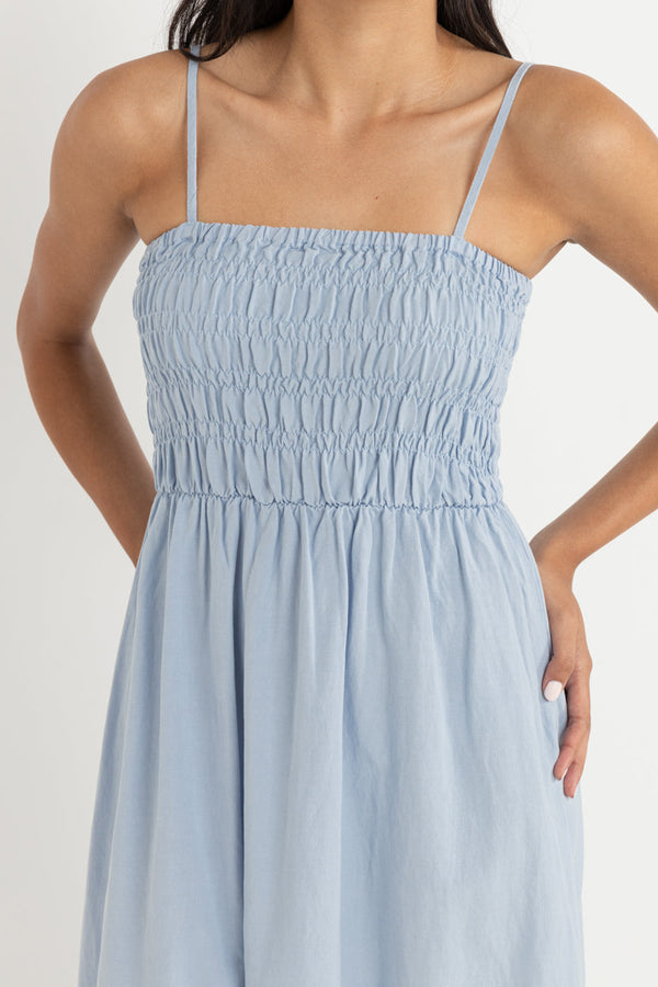 Classic Shirred Midi Dress Blue