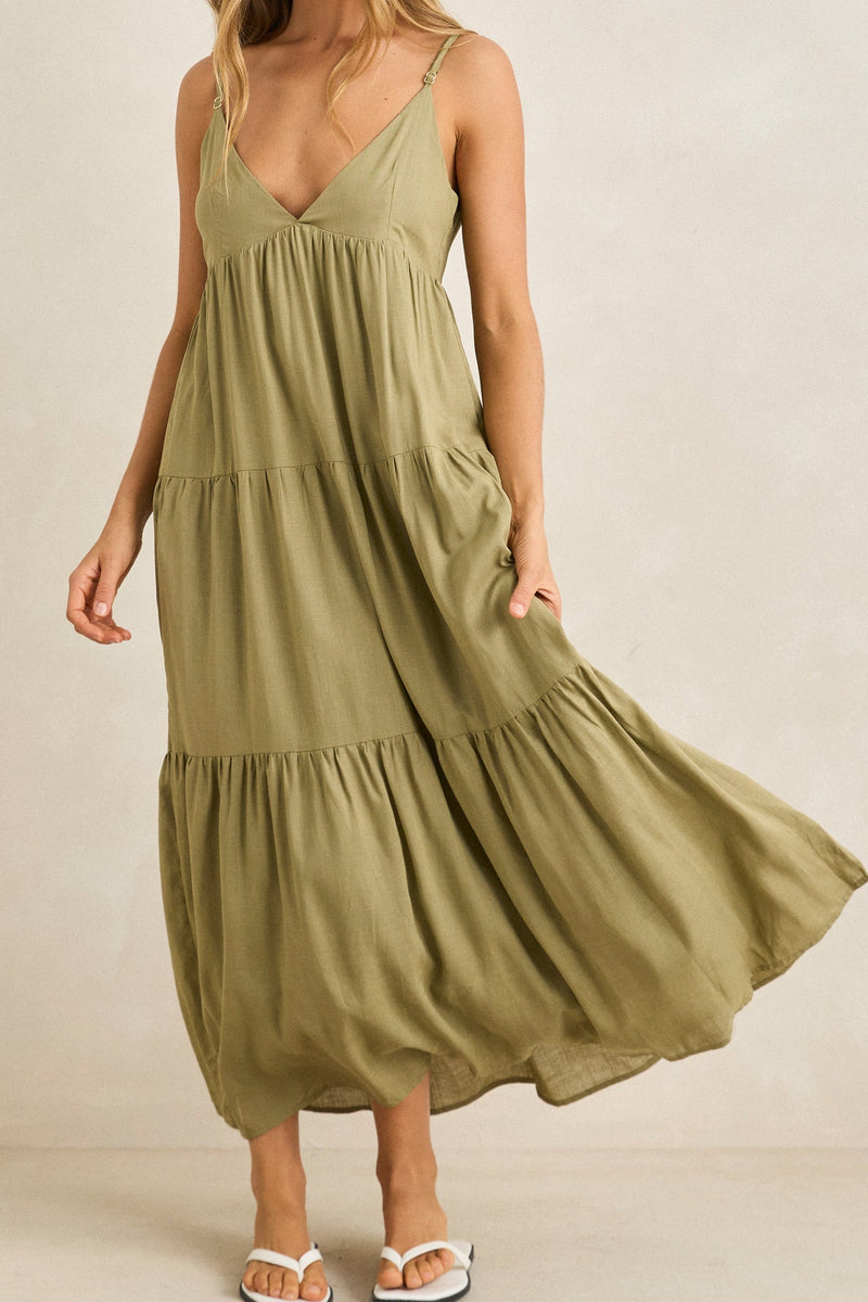 Classic Tiered Midi Dress Olive