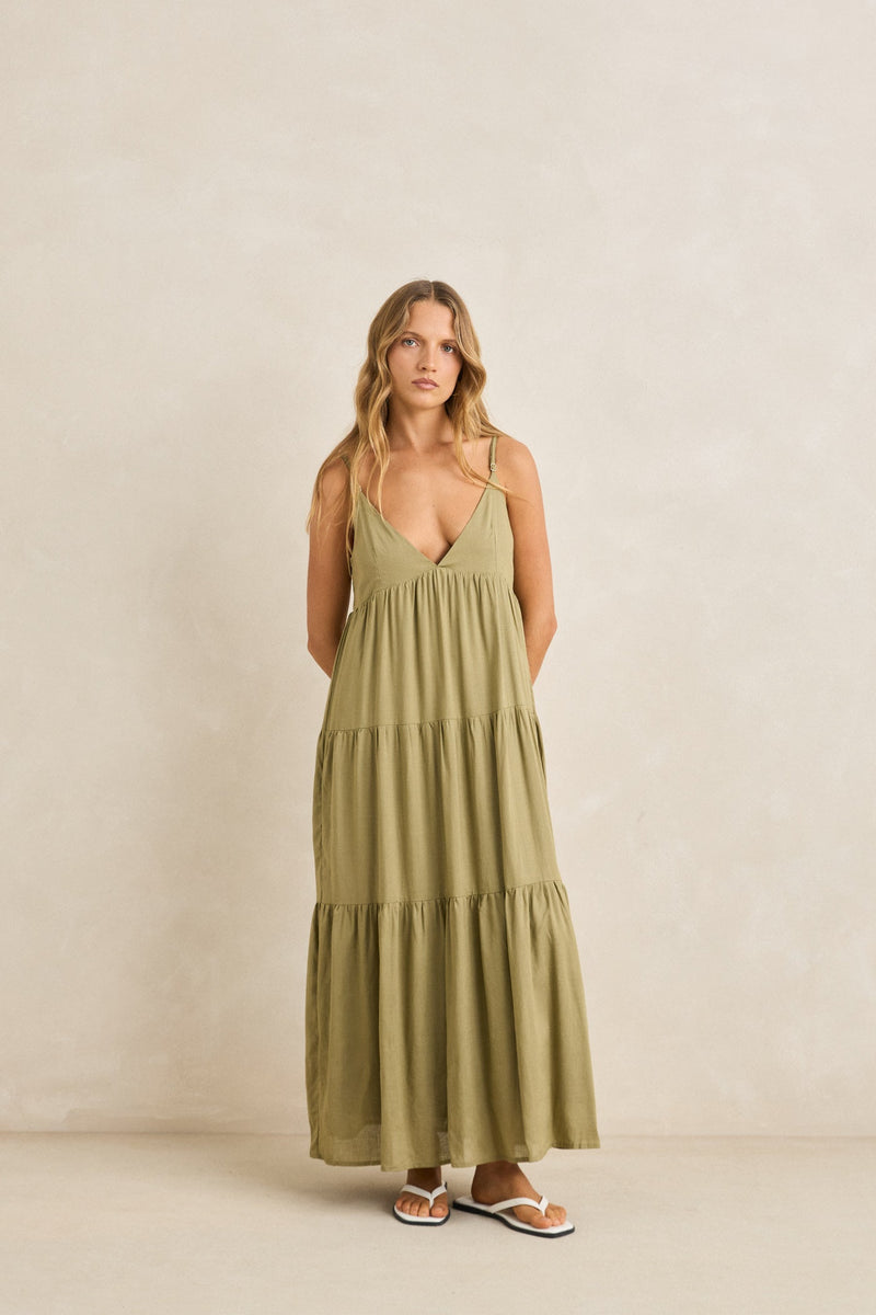 Classic Tiered Midi Dress Olive