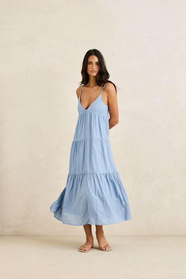 Classic Tiered Midi Dress Steel Blue