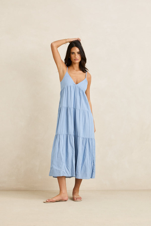 Classic Tiered Midi Dress Steel Blue
