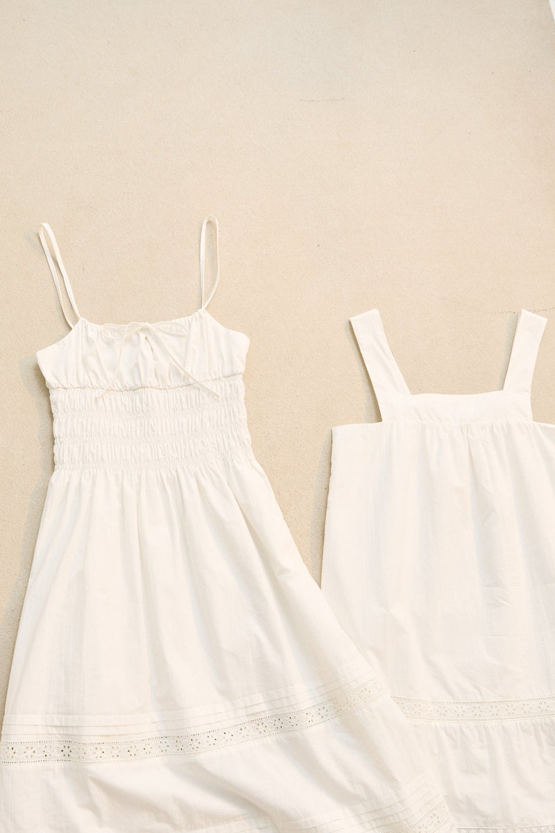 Broderie Lace Gathered Midi Dress White