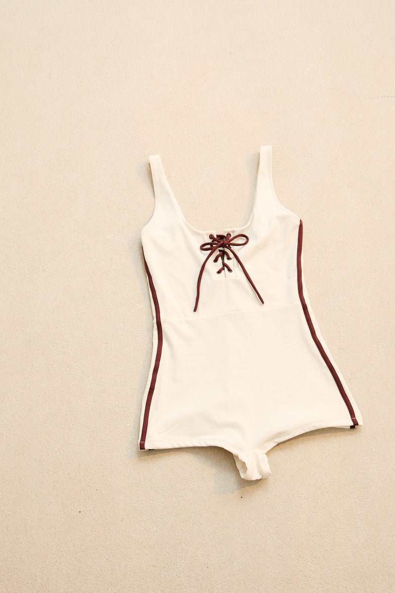 Contrast Surf Short Lace Up One Piece Cream