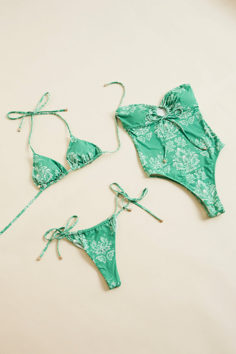 Brocade Tie Front Strapless One Piece Palm