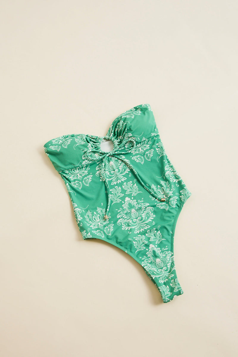 Brocade Tie Front Strapless One Piece Palm