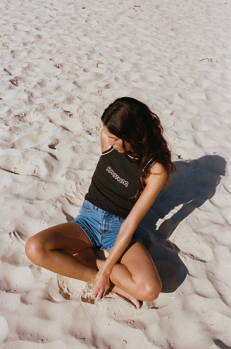 Embroidered Rhythm Rib Tank Top Vintage Black