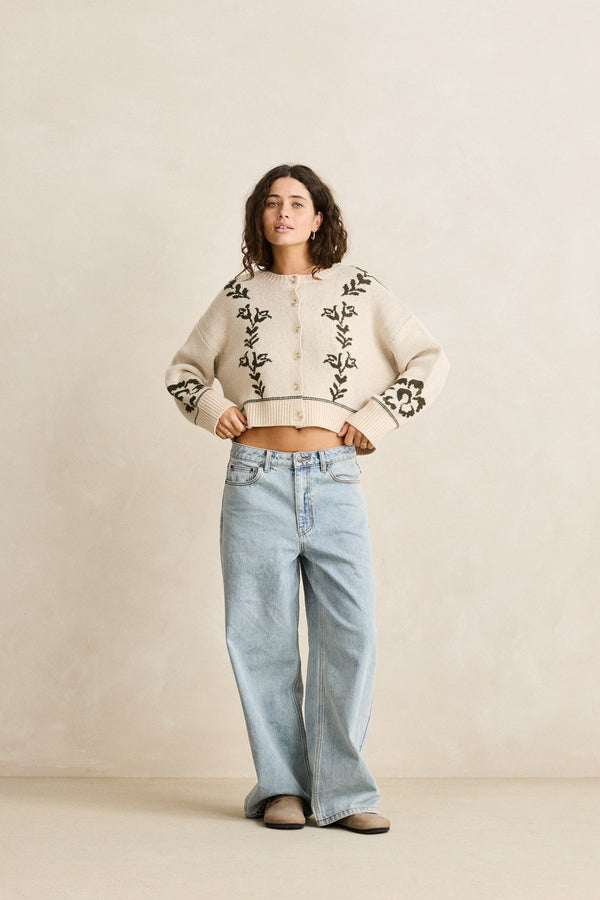 Antique Floral Crop Cardigan Natural