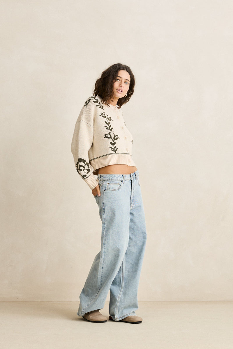 Antique Floral Crop Cardigan Natural
