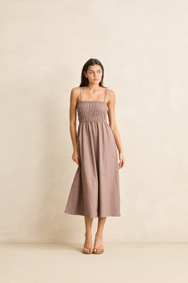 Classic Shirred Midi Dress Taupe