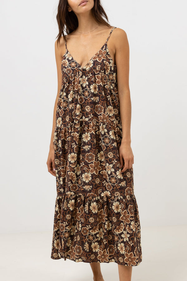 Cantabria Floral Tiered Midi Dress Brown