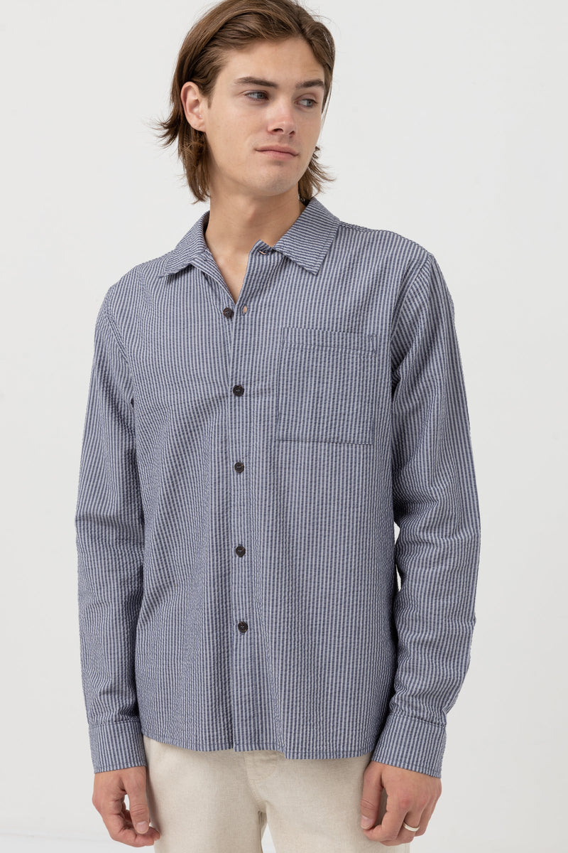Striped Seersucker Ls Shirt Indigo