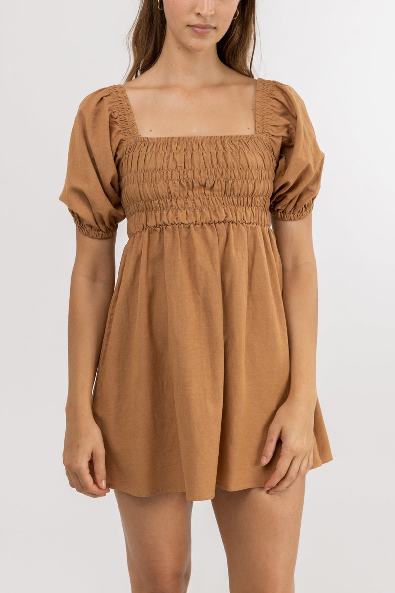 Saskia Smocked Mini Dress Biscuit